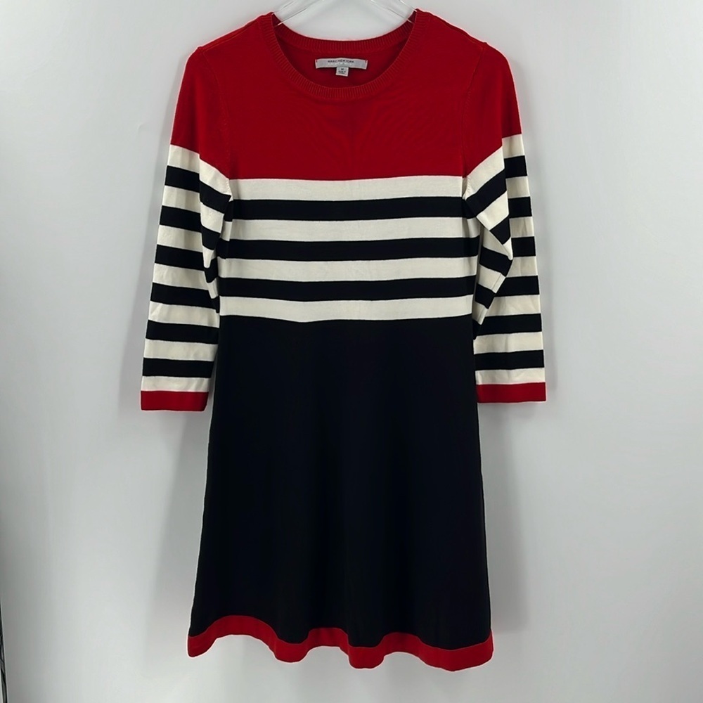 Marc New York Striped Long Sleeve Midi Knee Length Knit Sweater Dress Red Black